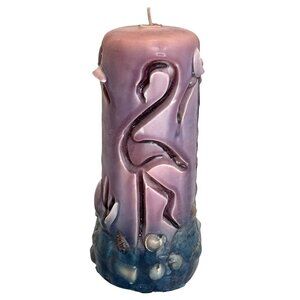 Hand Carved Pillar Candle Pink Flamingo Shell Ocean Beach Coastal Décor Purple